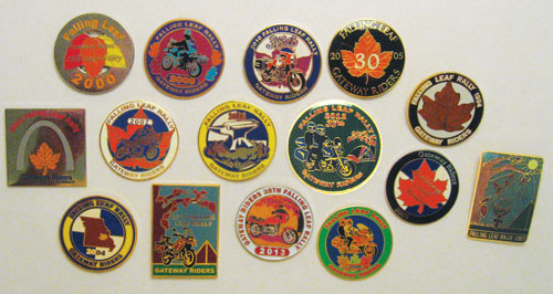Falling leaf rally pins over the years.